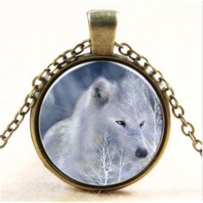 White Wolf Bronze Glass Chain Pendant Necklace