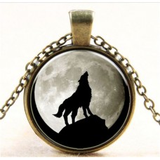 Howling Wolf Mountaintop Bronze Glass Chain Pendant Necklace